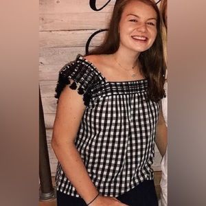 Jcrew checkered blouse with tassels